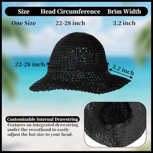 Straw Beach Sun Hats for Women Foldable Floppy Wide Brim Summer Travel Straw Sun Hat Packable Straw Bucket Hat - color: Black