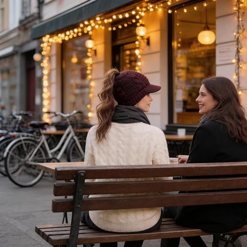Women's BeanieTail Warm Knit Hat Messy High Bun Ponytail Visor Beanie Cap - color: B340-purple, size: Medium