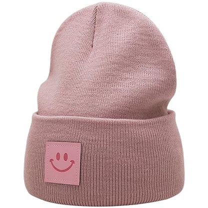 55cube Unisex Knit Cuffed Beanie Hats Warm Winter Caps with Leather Logos - color: Baby Pink