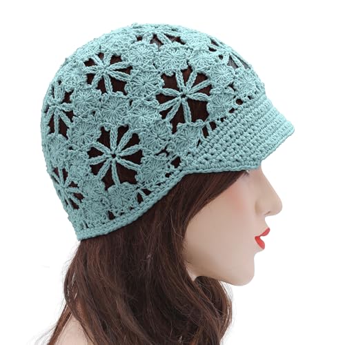 ZLYC Women Summer Slouchy Crochet Hat Handmade Cutout Skull Cap with Visor - color: Plain Light Blue, size: One Size