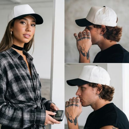 Daxton Men Original Trucker Hat Cotton Twill with Adjustable Snapback 5 Panel A-Frame Cap - color: 2 Pack - All Black, White Black