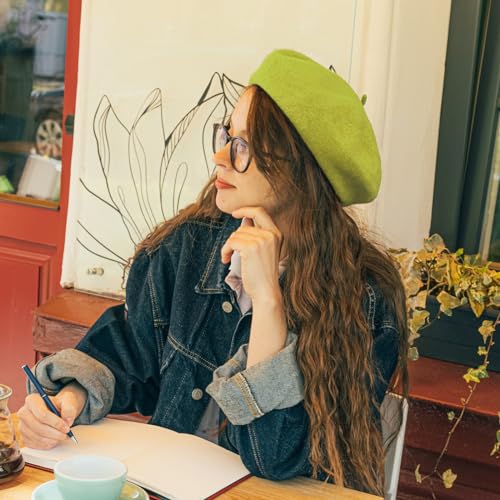 Gllutt Women Wool Beret Hat French Style Solid Color - color: Dark Lettuce Green