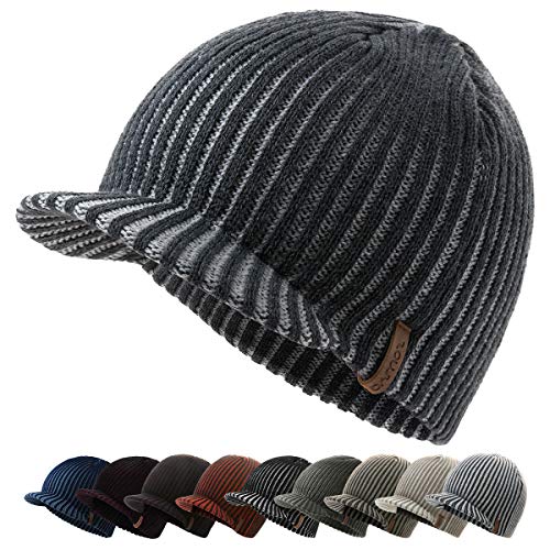zowya Winter Visor Beanie Hat for Men & Women Brim Knit Skully Hats Billed Skull Cap Thick Vintage Contrast Color,1Hat - color: Grey