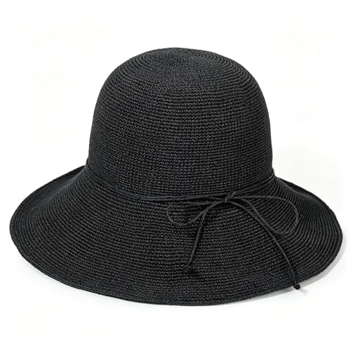 Beach Sun Hats for Women Foldable Straw Bucket Summer Hat Packable Travel - color: Black