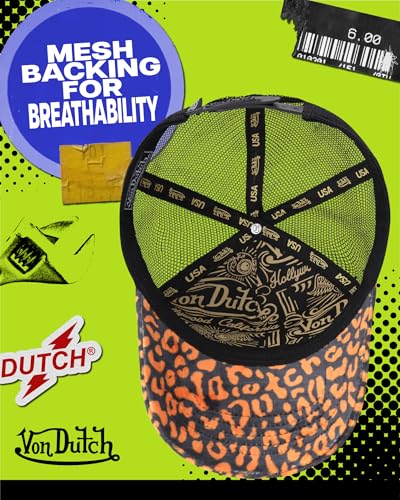 Von Dutch Unisex Velvet Trucker Hat, Curved Bill, Mesh Back, Snapback - color: Orange Leopard