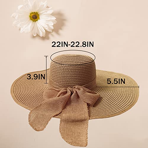 Floppy Big Beach Straw Hats for Women Foldable Summer Wide Brim Packable Sun Hat Womens Travel Straw Fedora Hat - color: Khaki-2