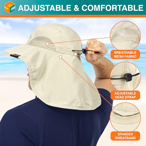 SUN CUBE Wide Brim Sun Hat with Neck Flap for Men Women, UPF50+ Fishing - color: Beige