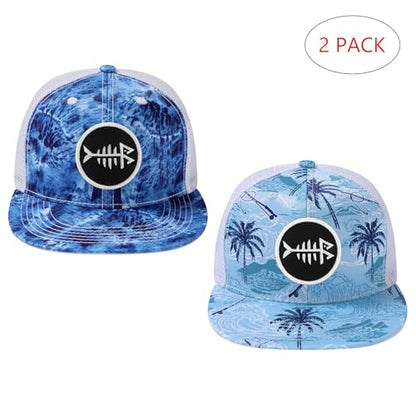 BASSDASH 2 Pack Flat Brim Trucker Cap Adjustable Snapback Hat Mesh Back for Men Women Fishing Hunting - color: Pack of 2, Blue Camo & Palm Trees