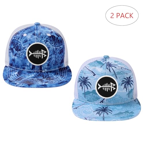 BASSDASH 2 Pack Flat Brim Trucker Cap Adjustable Snapback Hat Mesh Back for Men Women Fishing Hunting - color: Pack of 2, Blue Camo & Palm Trees