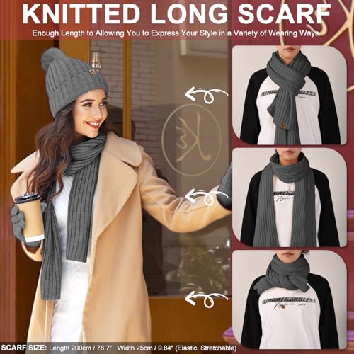 HEEKPEK Winter Beanie Hats Scarf Gloves Ear Muffs Fuzzy Socks 5pcs Set for Women Cold Weather Beanies Touch Screen Gloves - color: Dark Grey