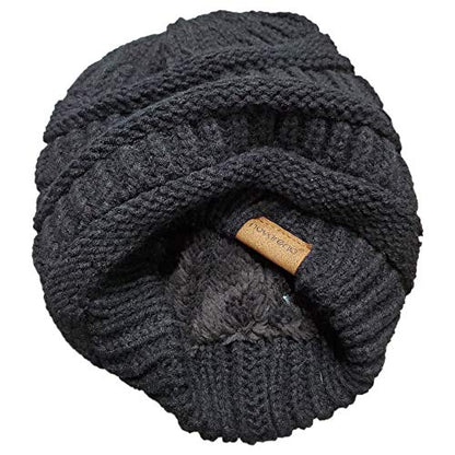 Novarena Thick Cable Knit Faux Fuzzy Fur Pom Fleece Lined Skull Cap Cuff Beanie - color: Black Beanie