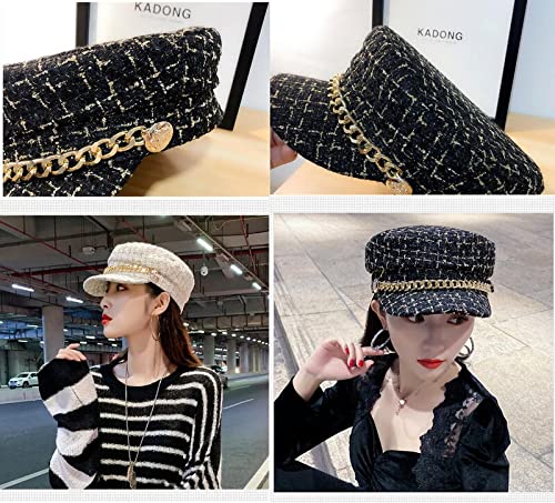 Women Plaid-Tweed Newsboy-Baker-Boy Hat Captain-Sailor Fisherman Hat Peaked-Beret with Chain - color: White