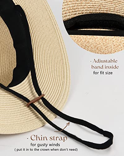 FURTALK Womens Mens Wide Brim Straw Panama Hat Fedora Summer Beach Sun Hat - color: Black, size: Medium-Large