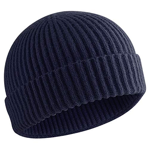 50% Wool Knit Short Fisherman Beanie for Men Women Warm Winter Hat - color: #Navy Blue