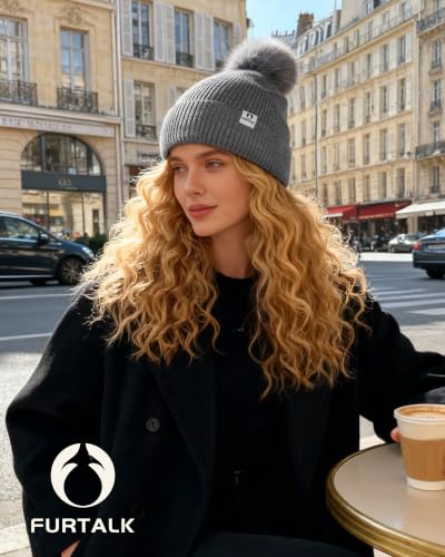 FURTALK Pom Pom Winter Hats for Women Fleece Lined Slouchy Warm Beanie Skull Cap - color: Gray