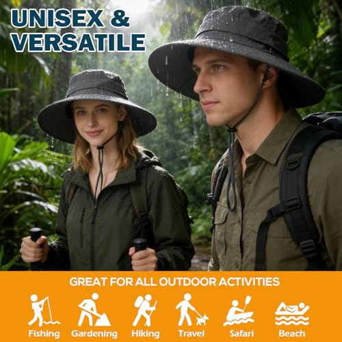 Men's UPF 50+ Waterproof Wide Brim Boonie Hat, Sun & Rain Protection - color: Dark Grey