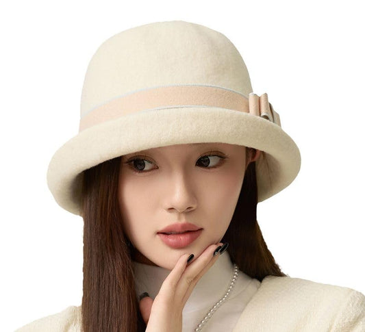 Women Vintage Felt Cloche Hats Winter Fall Solid Fedora Bucket Caps Elegant Bowler Hat Bowknot - color: Off-white
