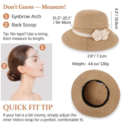Ababalaya Elegant Straw Sun Hat with Handmade Crochet Flowers - color: Beige