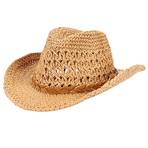 Straw Cowboy Hat Wide Brim Sun Hat Cowgirl Summer Panama Hat with Chin Strap Men Women Sombrero Outdoor Family Hat - color: Khaki, size: children size