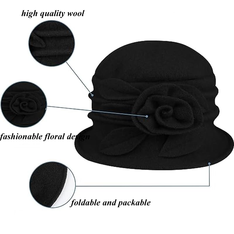 Wool Cloche Bucket Hat for Women 1920s Floral Bowler Cap Elegant Church Dress Cap Winter Warm Fedora Hat - color: Black