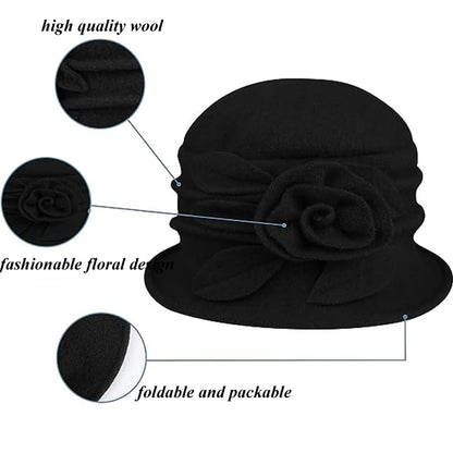 Wool Cloche Bucket Hat for Women 1920s Floral Bowler Cap Elegant Church Dress Cap Winter Warm Fedora Hat - color: Black
