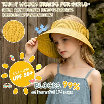 Girls Sun Visor Hat with Ponytail Hole Wide Brim Beach Straw Visor UPF 50+ - color: 1pack-yellow