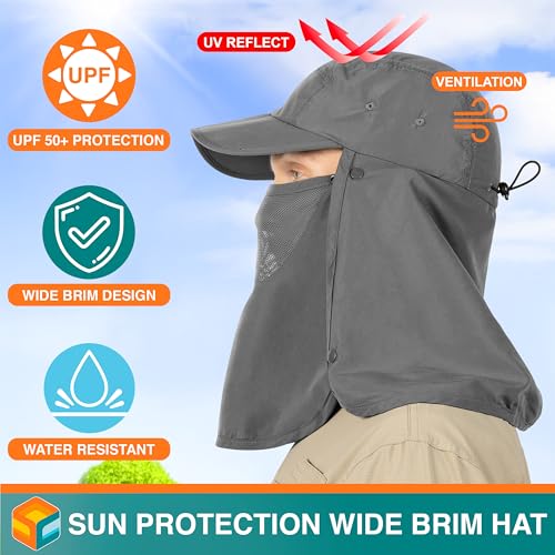 SUN CUBE Fishing Sun Hat with Neck Flap & Face Cover, Wide Brim UPF50+ Cap - color: Grey