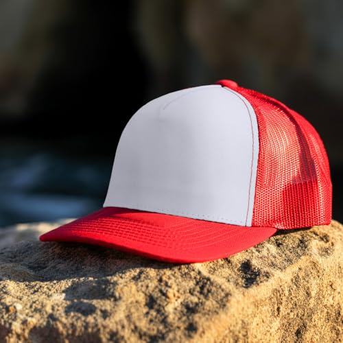 Falari 5-Panel Mesh Baseball Cap, Trucker Hat, Structured Plain Design, Cotton, Adjustable Size - color: 1pk Red