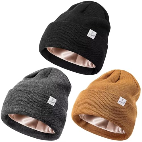 3 Pack Satin Lined Winter Beanie Hats for Women Men,Silk Lined Womens Beanies Knit Soft Warm Cuffed Hat - color: Black+dark Gray+camel