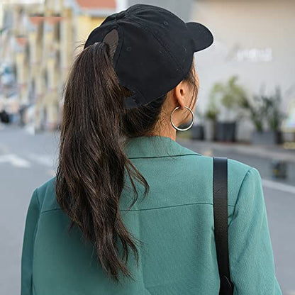 Women Distressed Ponytail Baseball-Hat Cotton Adjustable Baseball-Cap - color: Black