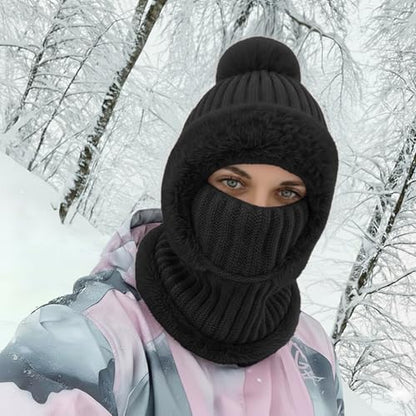 AQOKKA 3 in 1 Knit Fleece Lined Beanie Hat with Scarf and Mask Warm - color: Black