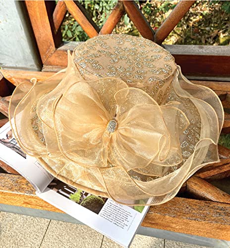 Z&X Organza Church Fascinator Wedding Tea Party Derby Hats for Women Flower Wide Brim Sun Hats - color: 01a Gold