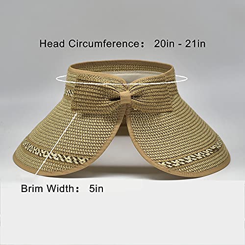 Women Sun Visors Foldable Straw Hats Summer Beach Packable Hat Floppy Wide Brim Cap Deep Style, Adjustable Size - color: Khaki Mix