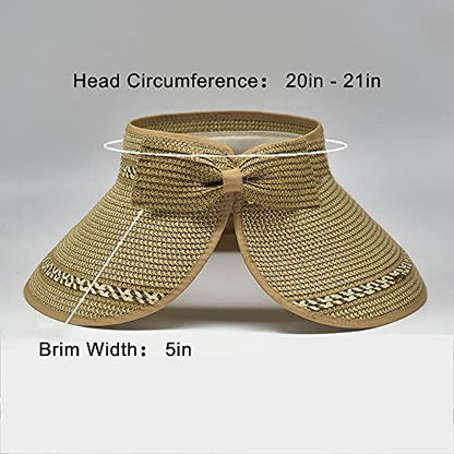 Women Sun Visors Foldable Straw Hats Summer Beach Packable Hat Floppy Wide Brim Cap Deep Style, Adjustable Size - color: Khaki Mix