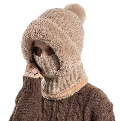 Women’s Knitted Beanie Hat with Face Cover - 3 in 1 Winter Balaclava with Mask Scarf Ear Muffs Pompom Fleece Lined Snow Caps - color: Brown-a