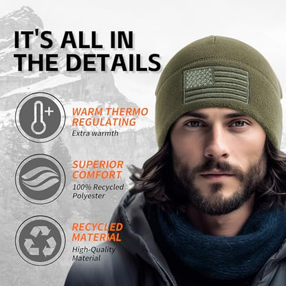 OUTDOOR SHAPING American Flag Fleece Beanie with Embroidered Patch Hat - color: Black+army Olive