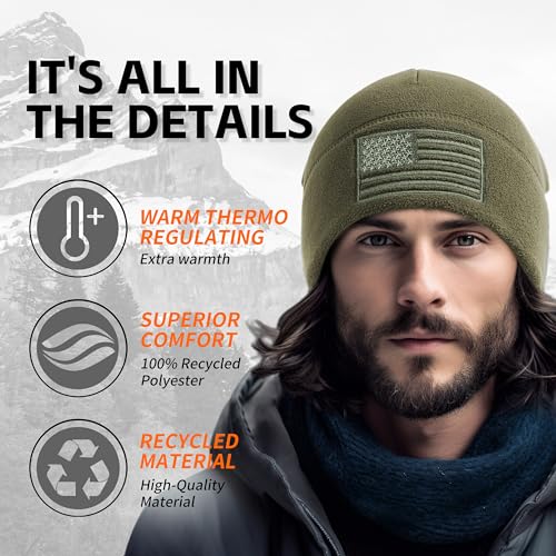 OUTDOOR SHAPING American Flag Fleece Beanie with Embroidered Patch Hat - color: Black+army Olive
