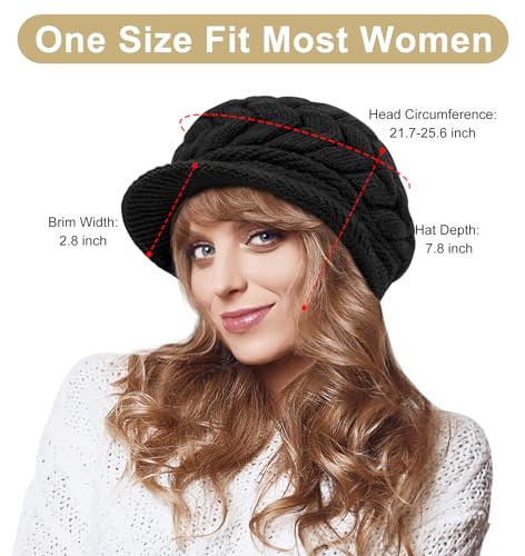 YSense 2 Pack Womens Winter Hats Warm Knit Beanie with Visor - color: Black Beige