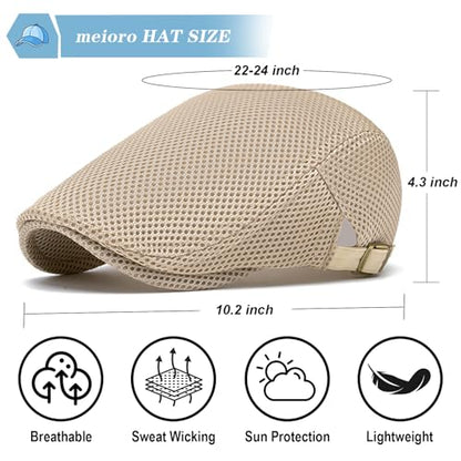 meioro Mens Breathable Mesh Summer Hat Adjustable Flat Cap Newsboy Beret Ivy Cap Irish Cabbie Fishing Hats - color: Khaki