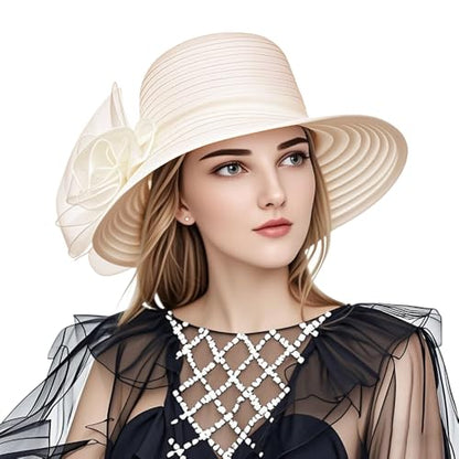 Haoohu Women's Church Derby Hat Wide Brim Bow Bucket Hat Wedding Dress Hat Fascinator Bridal Tea Party Hat - color: Beige
