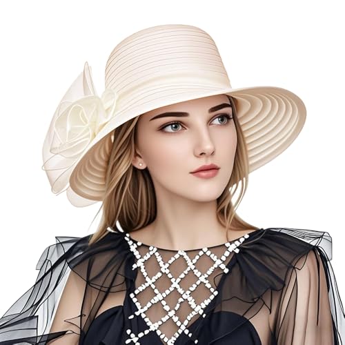 Haoohu Women's Church Derby Hat Wide Brim Bow Bucket Hat Wedding Dress Hat Fascinator Bridal Tea Party Hat - color: Beige