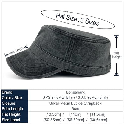 Loneshark Washed Cotton Military Hat Cadet Cap Army Flat Top Basic Everyday - color: Black, size: Medium-Large