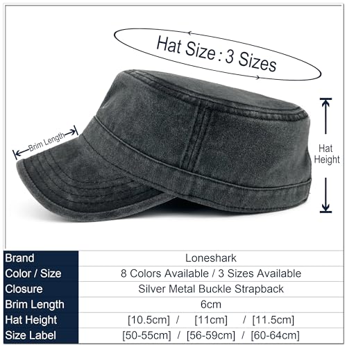 Loneshark Washed Cotton Military Hat Cadet Cap Army Flat Top Basic Everyday - color: Black, size: Medium-Large
