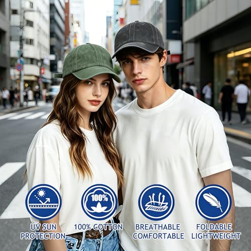 2Pack Vintage Washed Cotton Baseball Caps, Adjustable Low Profile Dad Hat, Unconstructed Distressed Plain Cap for Men Women - color: Black+green