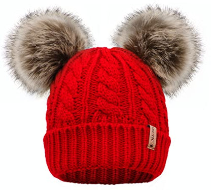 Arctic Paw Pom Pom Beanie Cable Knit Fleece Lined Winter Beanie Women Hat - color: Red_twist