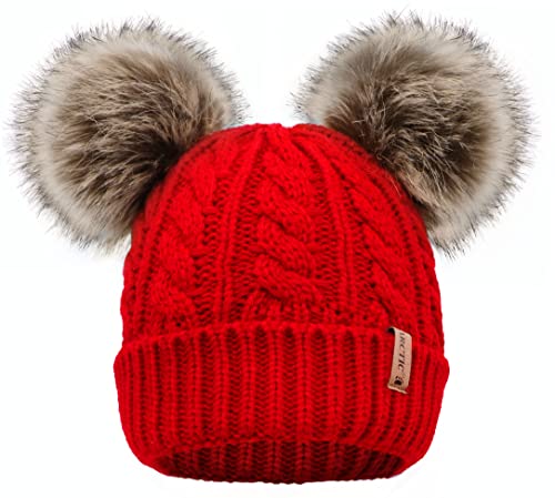 Arctic Paw Pom Pom Beanie Cable Knit Fleece Lined Winter Beanie Women Hat - color: Red_twist