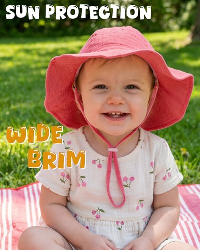 HONGTEYA Baby Sun Hat Muslin Wide Brim Toddler Girl Beach Bucket Hat - color: Rose/Pinktulip, size: 0-6 Months