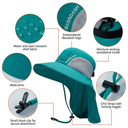 BASSDASH UPF 50+ Unisex Water Resistant Wide Brim Sun Hat with Large Neck Flap Ponytail Fishing Hat for Men Women - color: Lake Green