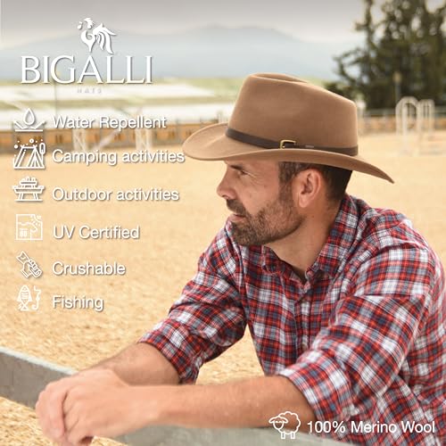 Bigalli Melbourne Fedora Wool Felt Hat - Outdoor - Wide Brim Crushable Water-Resistant Warm & UV Protection - color: Chocolate, size: Medium