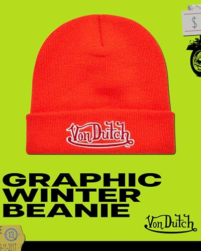 Von Dutch Unisex Cuffed Knit Skull Cap Beanie, Embroidered Logo - color: Orange